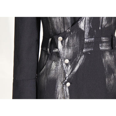 Black Niche Design Trench Coat Women Handmade Metal Silver Brush Color Rock Artist Super Long Blazer - Modestly Vogue
